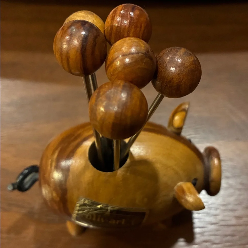 Oliv-Art Wooden Pig Toothpick Holder with 3” Cocktail Forks 6 Forks Olive Wood